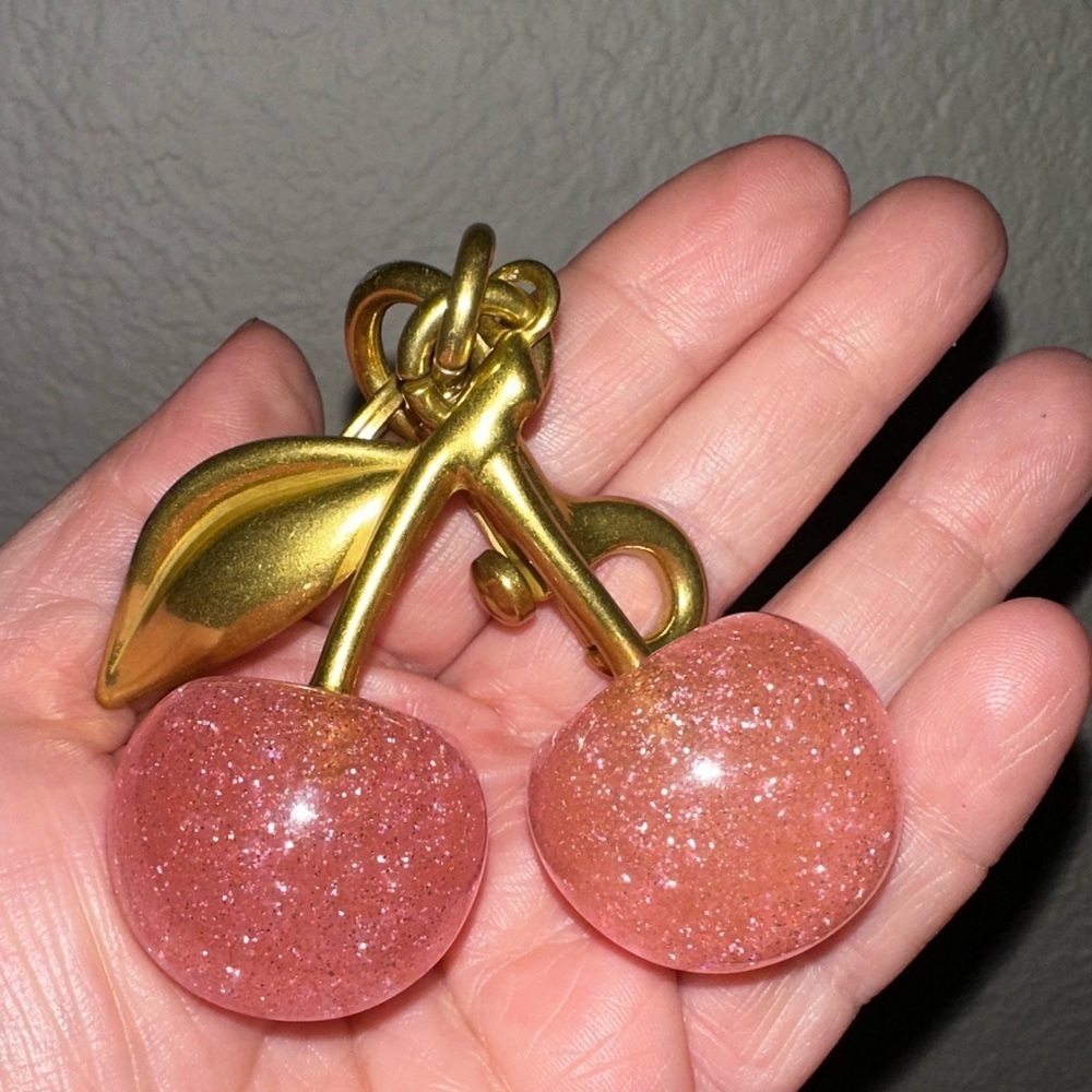 Gold and Pink Cherry sparkle bag charm for your coach bag